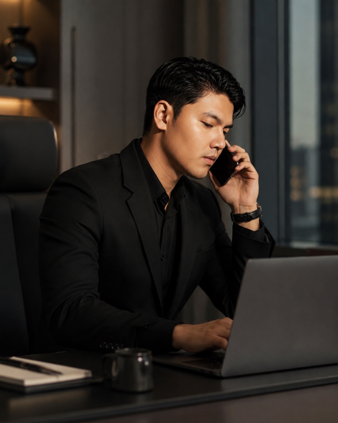 Jestony P. Alipda in black business attire on a phone beside a laptop, representing buyer sourcing requirements